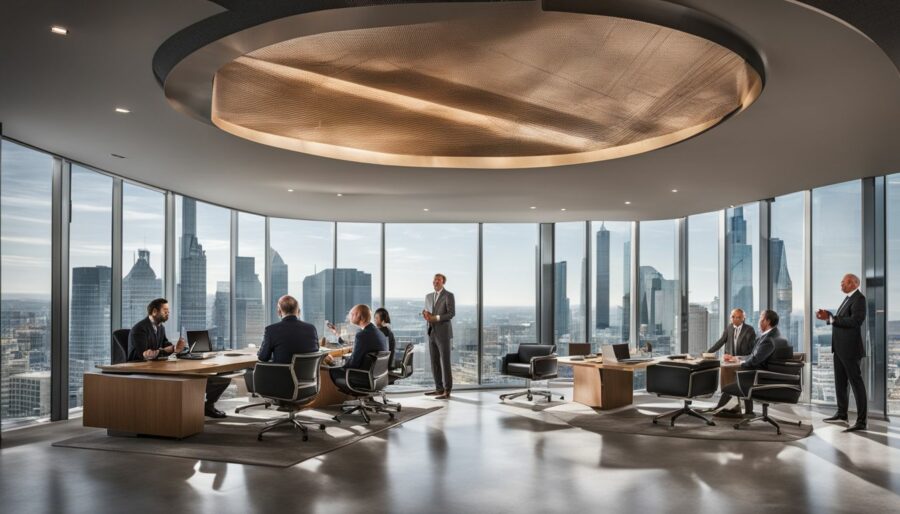 ConocoPhillips executives discussing strategic plans in a modern office setting.