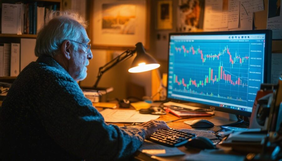 A man sitting at a cluttered desk, looking at consumer price index graphs.