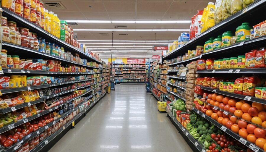 A grocery store aisle displaying price comparison labels on everyday items.