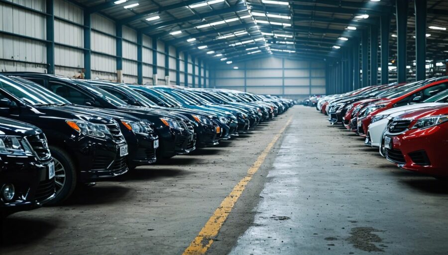 A warehouse filled with imported Chinese cars awaiting distribution.