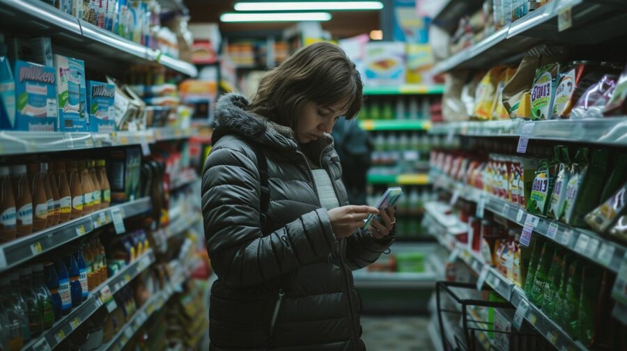 A woman in her 30s is closely examining price tags in a cluttered supermarket aisle.