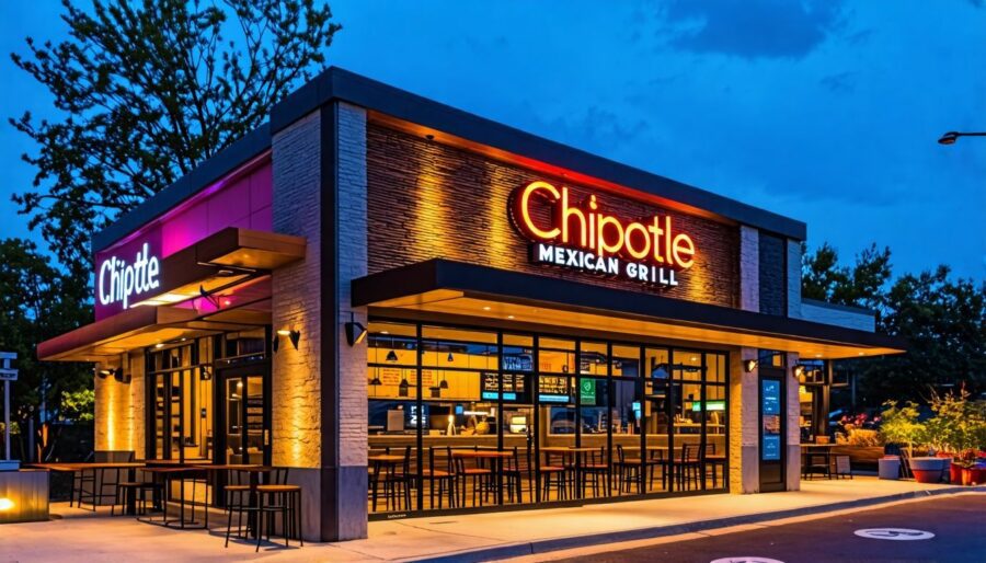 A photo of a Chipotle Mexican Grill facade at dusk.