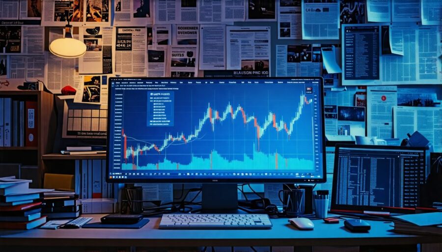 A cluttered home office with a computer screen displaying stock prices and AI-related news.