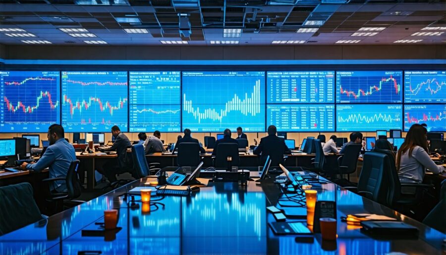 Busy stock market boardroom with fluctuating big tech stock prices.