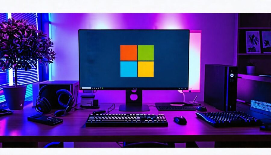 A cluttered office desk with Microsoft-branded gadgets and dim lighting.