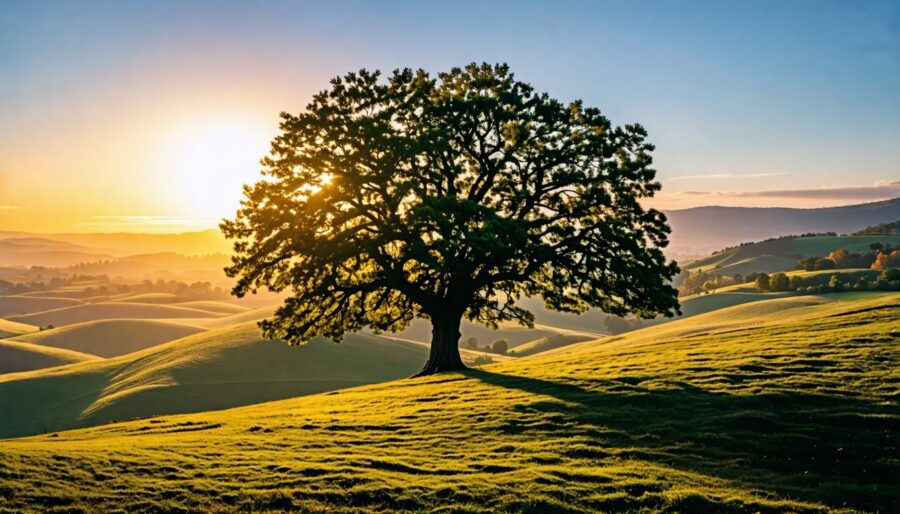 A lone oak tree in a serene countryside at sunset.