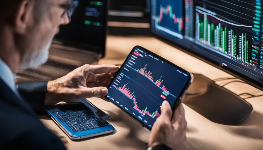 A financial advisor analyzing stock market trends on multiple screens.