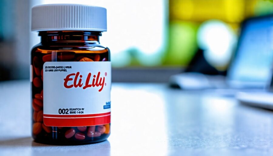 A photo of Eli Lilly medication bottle in a modern office setting.