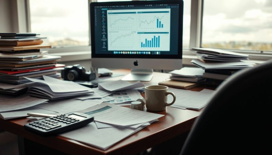 A cluttered office desk with scattered papers, computer, calculator, and coffee.