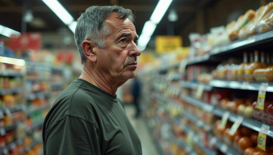 A middle-aged man looks concerned about rising grocery prices in a store aisle.