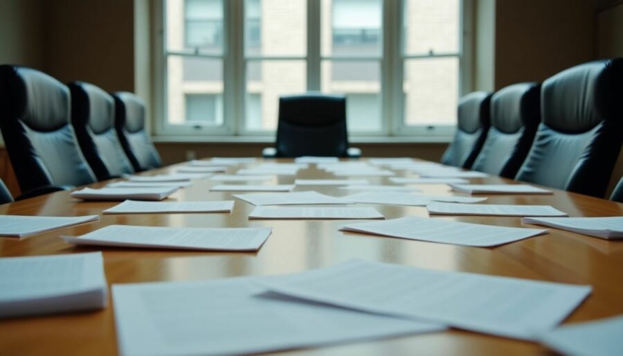 A cluttered boardroom table with lone dissenter, showing 11-1 vote support.