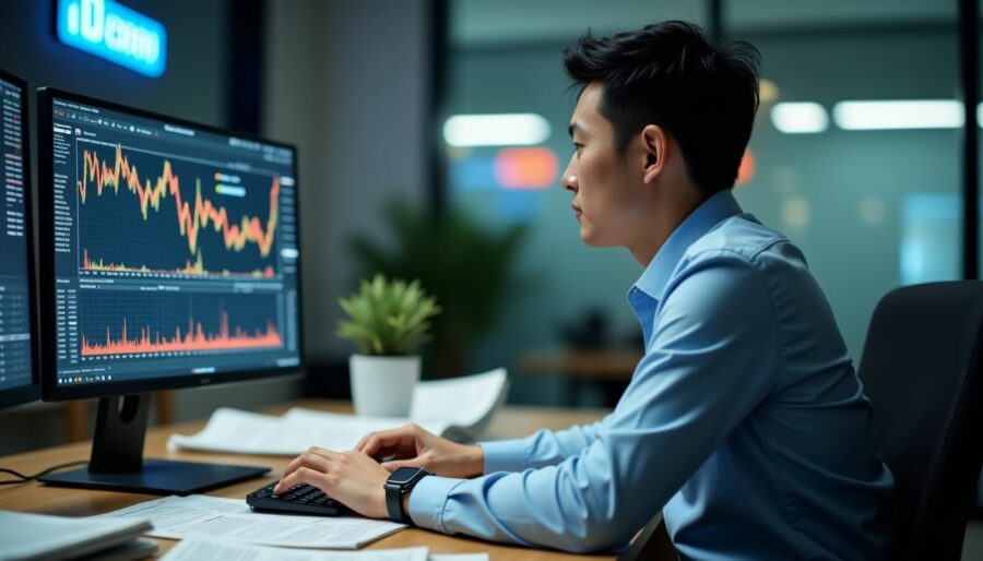 A professional investor studying stock data in a modern office.