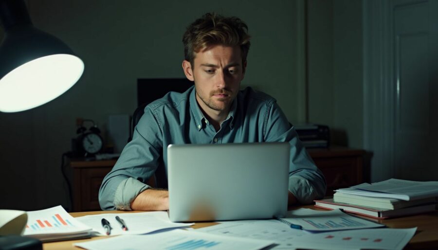 A man sits at a cluttered desk with an open laptop, working on stock market analysis and notes.