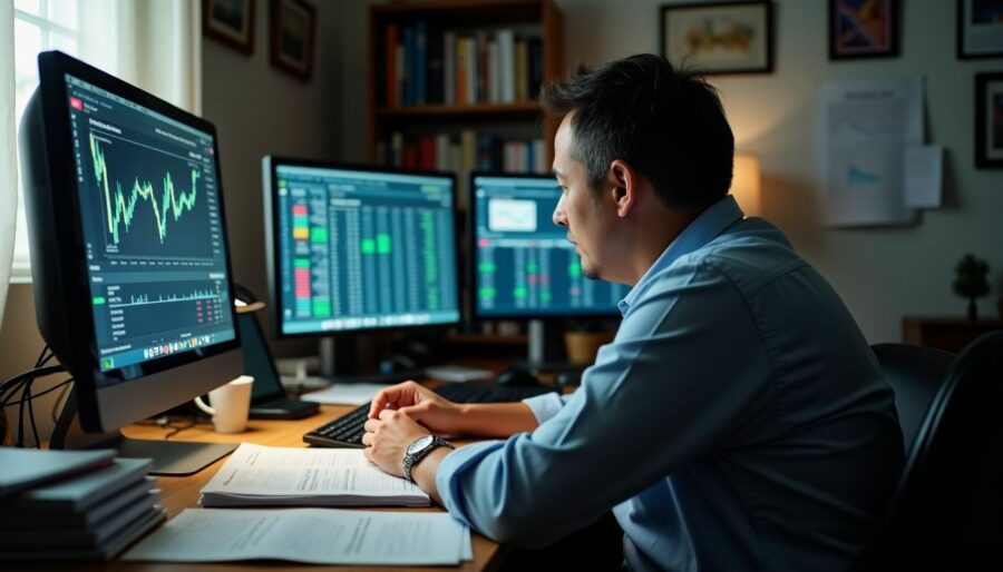 An investor studying real estate and industrial IPOs in cluttered home office.