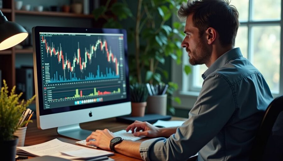 A man in his 40s analyzing stock charts at a cluttered home office desk.