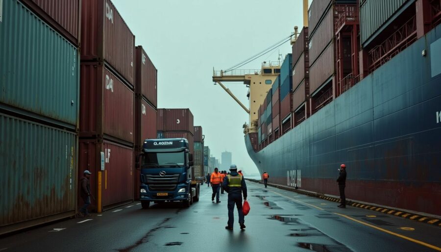 Busy shipping port with workers unloading cargo from delayed ships.