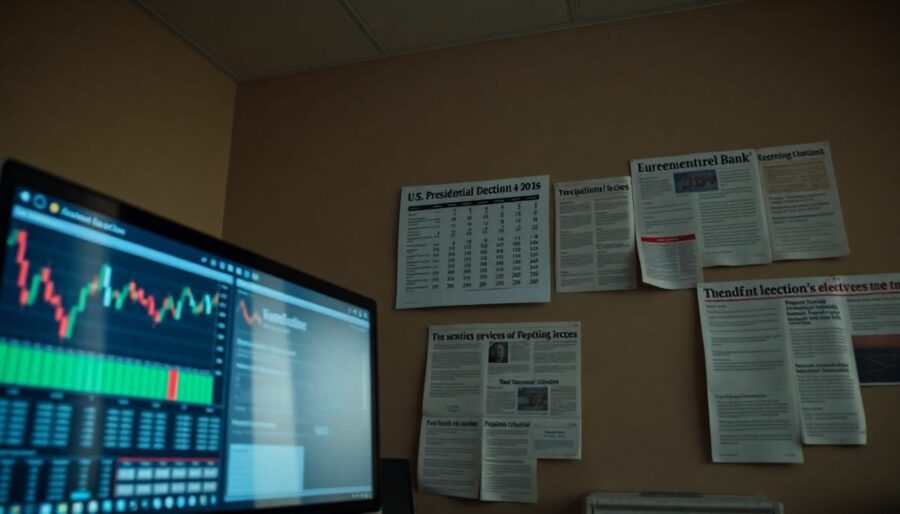 A busy office with financial charts, election calendar, and economic clippings.